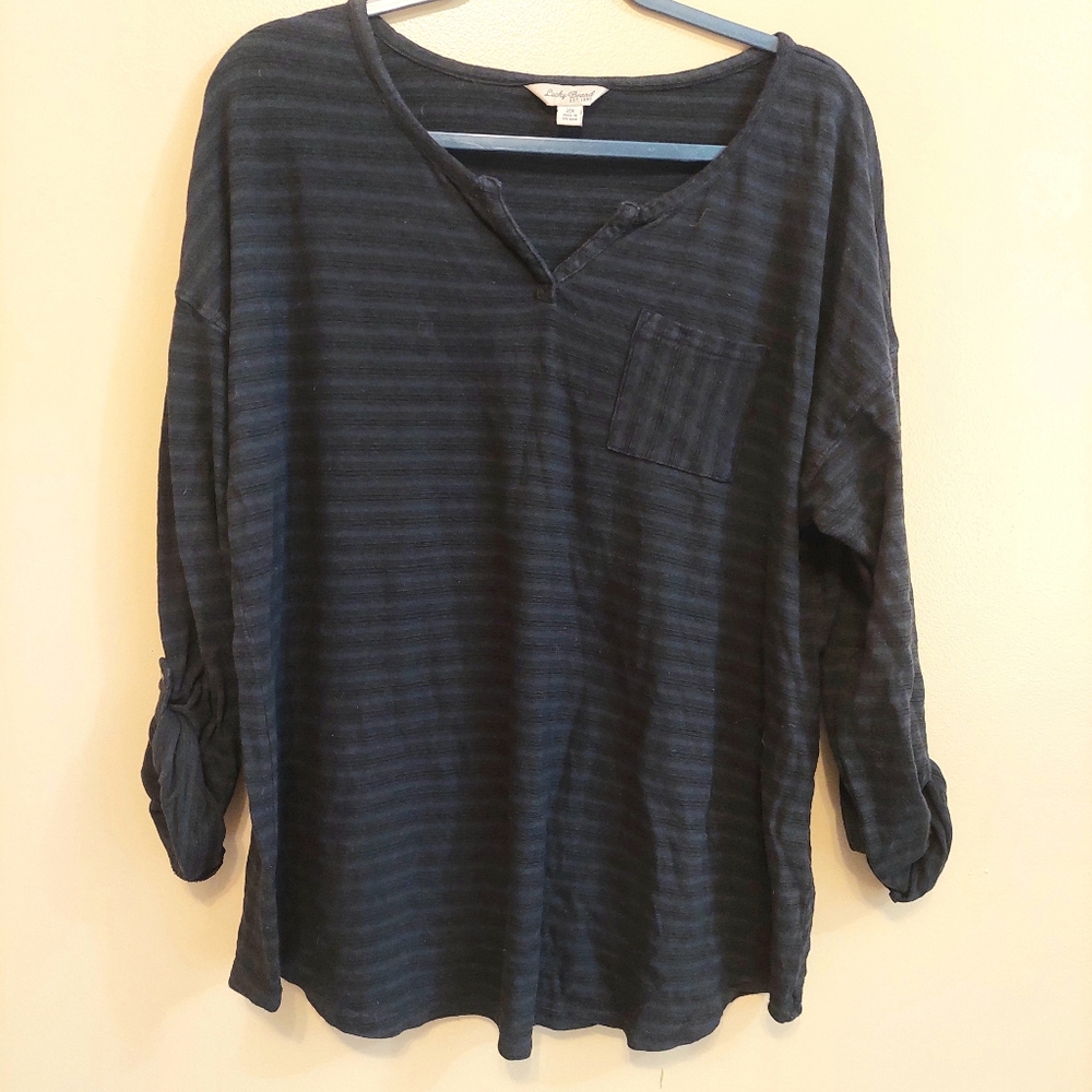 Lucky Brand 2x Black Striped Long Sleeve Roll Tab Pocket Top Fall